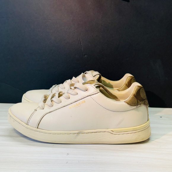 Coach Clip Low Top Lace Up Womens Leather Khaki/Chalk Sneaker | Size 8.5(39) - Picture 2 of 7